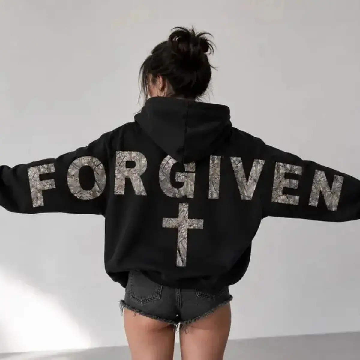 Camo Forgiven Christian Hoodie, Arm-to-Arm Lettering, Jesus Faith Graphic, Heavyweight Unisex Pullover, Religious Hunting Gift