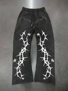 Men's Casual Sporty Long Pants, Studded Thorn Pattern Print, Drawstring Wide Leg, All Seasons Loose Fit, Men's Fashion Clothing