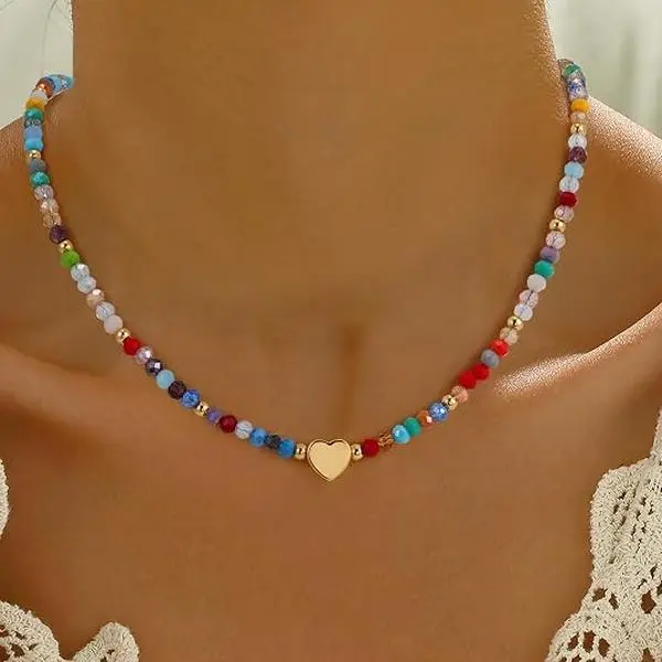 Colorful Beaded Heart Necklace for Women, Dainty Rainbow Crystal Bead Choker Necklace with Gold Tone Heart Charm, Boho Layering Jewelry Gift for Birthday, Valentine's Day & Everyday Wear