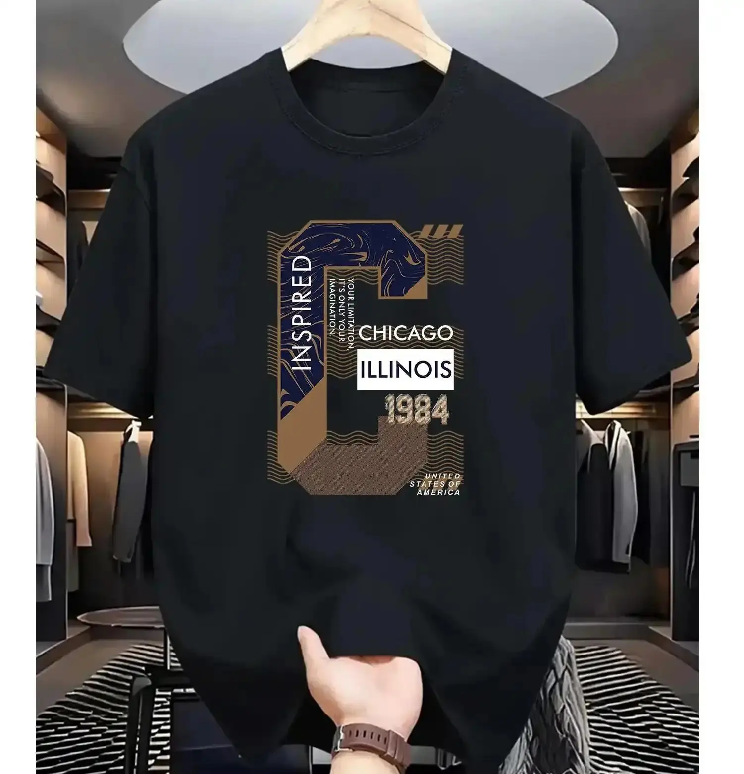 Men's 180G Pure Cotton Oversized Classic Shortsleeve Round Neck T-Shirt - Single-Sided Chicago Illinois 1984 Inspired Print, Casual Menswear Apparel Top