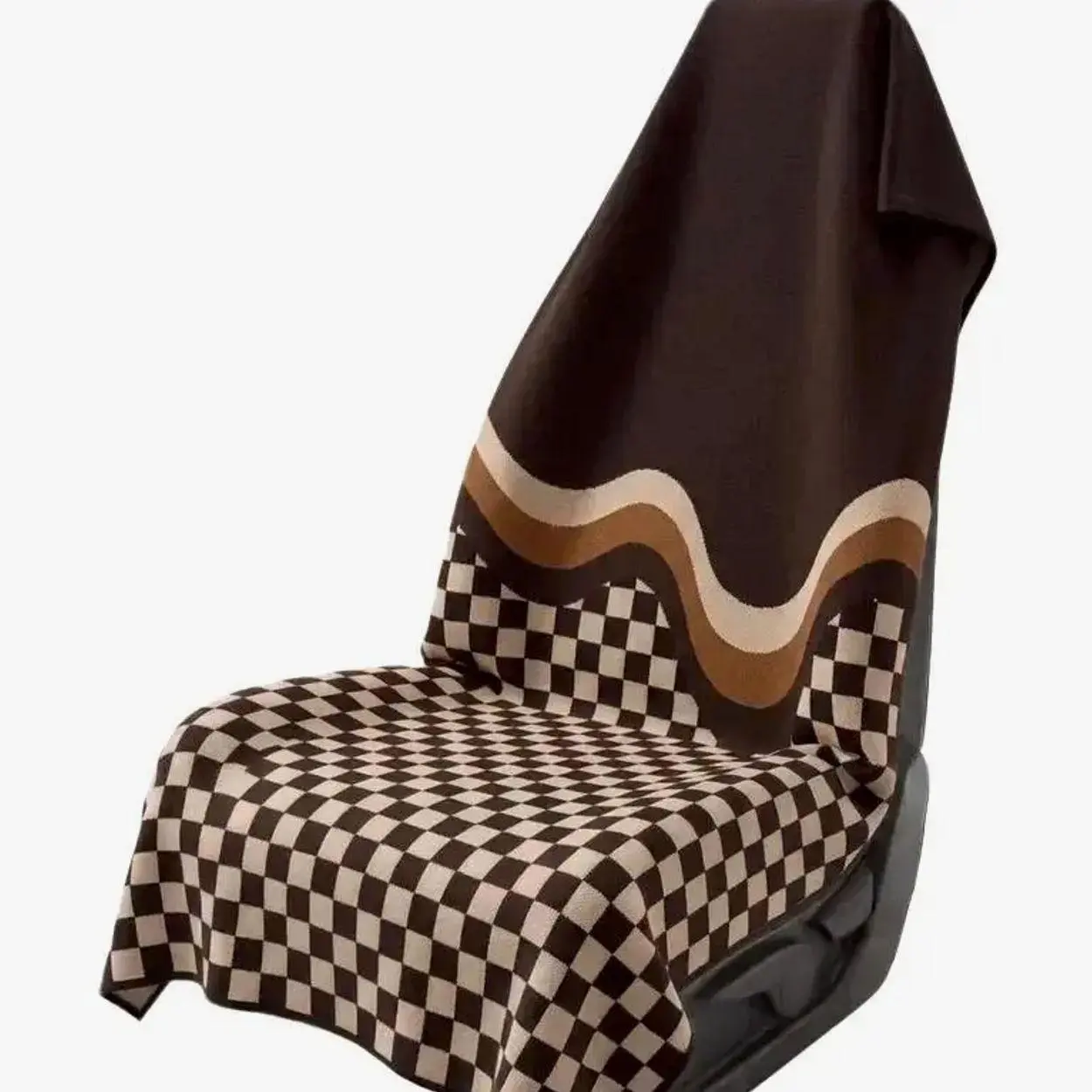 Brown Retro Checkerboard Car Seat Cover Towel, Wavy Boho Universal Washable Auto Seat Protector for Gym, Beach, Travel, SUV, Truck & Sedan