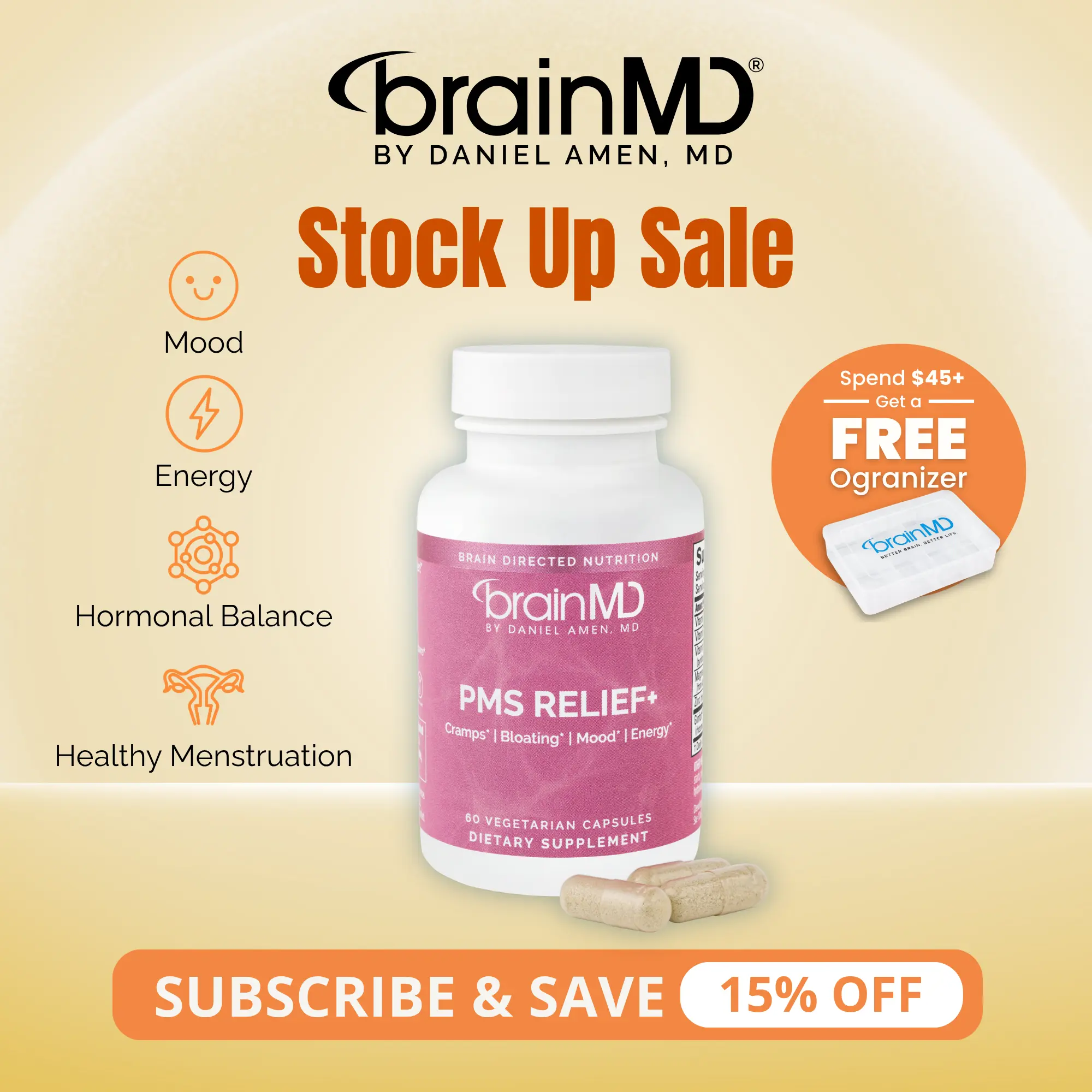 PMS Relief+ | BrainMD | 60 Capsules | Mood & Hormonal Balance Support | Menstrual Comfort & Energy | Ginfort Ginger Extract with Magnesium & Zinc