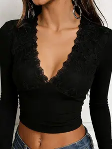 Ladies' Elegant Lace Trim Long Sleeve Top, Deep V-Neck Fitted Crop Blouse For Date Night & Party