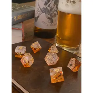 Hops & Honey- New Style "Honey Meade'' 7 Piece Dice Set-Sharp Edges- Golden Amber W/ 'Frothy' Bubble Effect Layer