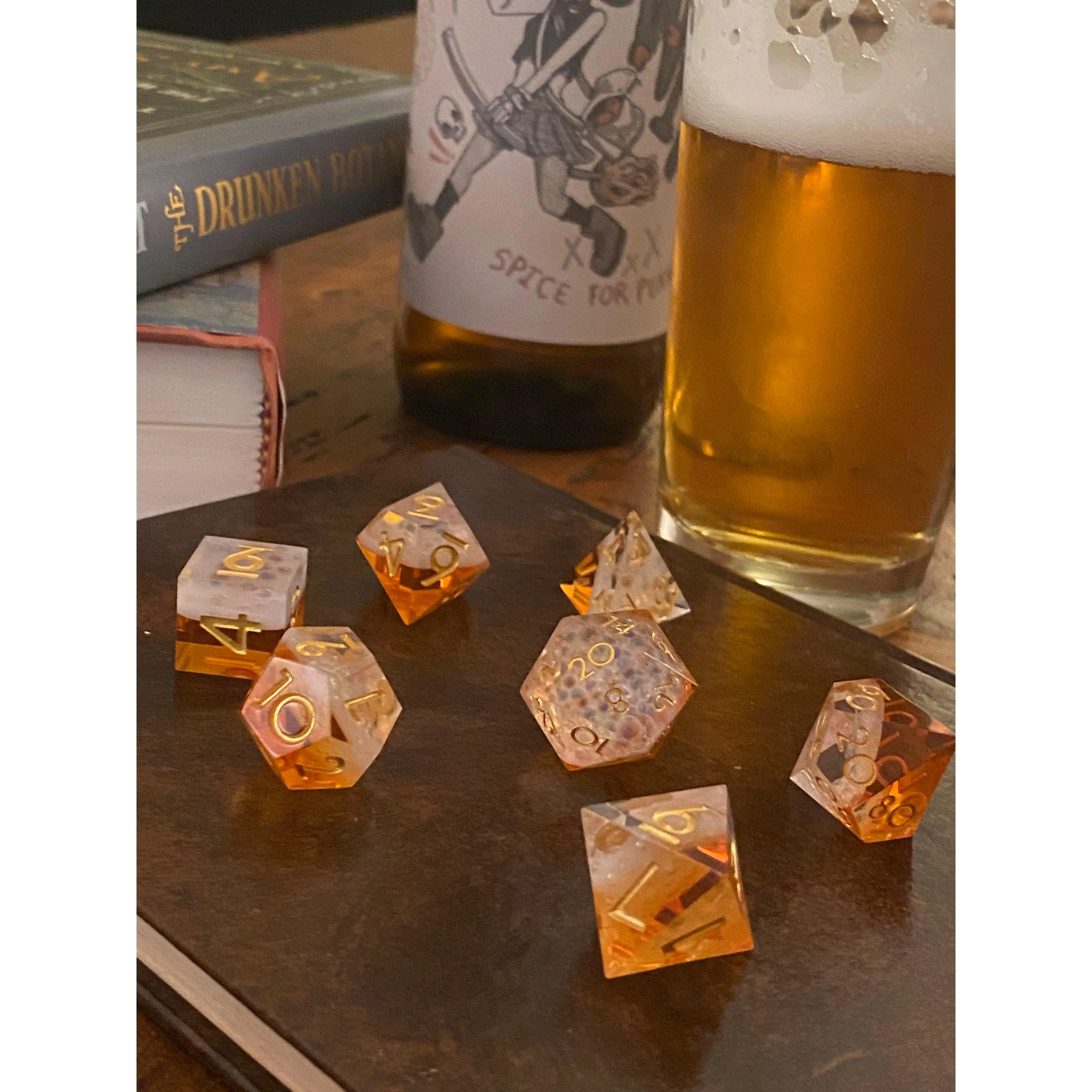 Hops & Honey- New Style "Honey Meade'' 7 Piece Dice Set-Sharp Edges- Golden Amber W/ 'Frothy' Bubble Effect Layer