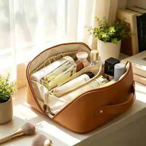 Travel Makeup Bag, Large Capacity Cosmetic Bag for Women, Cosmetic Travel Bags, Cosmetic Pouch, Waterproof PU Leather, Flat Open Portable Toiletry Bag for Skincare, Brushes & Travel Essentials
