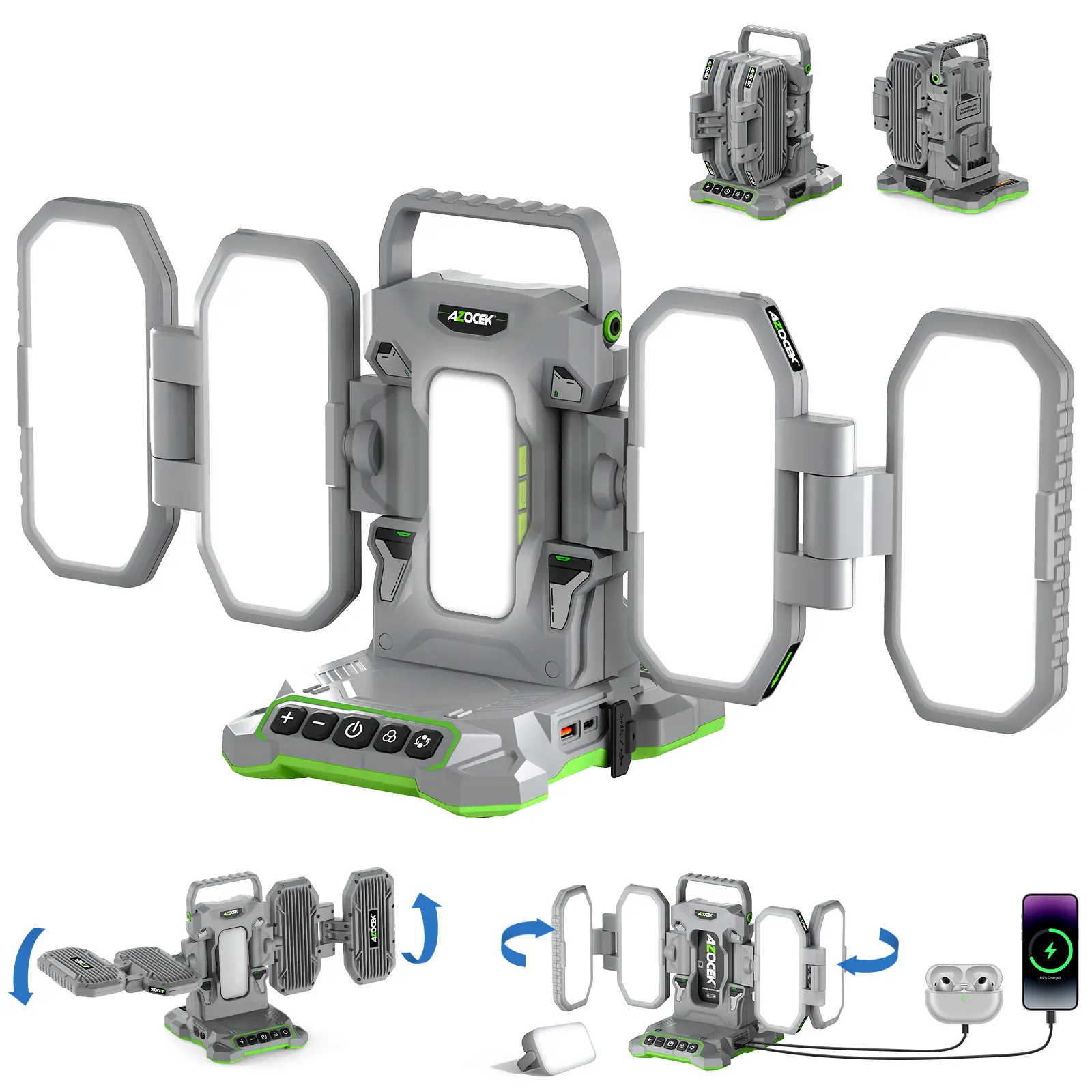 Azocek LED Work Light Compatible with Bosch 18V Battery for Painting Walls & Woodworking, 10000LM Cordless Portable 4-Panel Foldable Floodlight with Detachable Magnetic Mini Light, Tripod Mount & Hook [Battery Not Included]