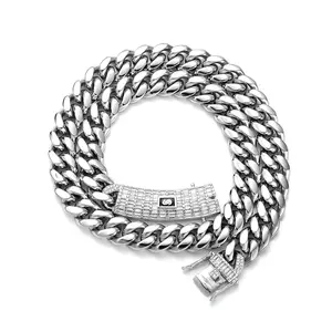 2025 New style Hip-hop style Cuban link chain. It's a titanium steel Cuban necklace with micro-inlaid cubic zirconia clasp, which is fashionable and versatile; Brilliant Zircon.