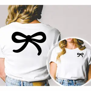 Coquette Girly Cotton Tee Minimalist Black Bow Front Back Graphic Womens Casual Loose Fit Trendy Fashion Shirt For Feminine Style Lovers