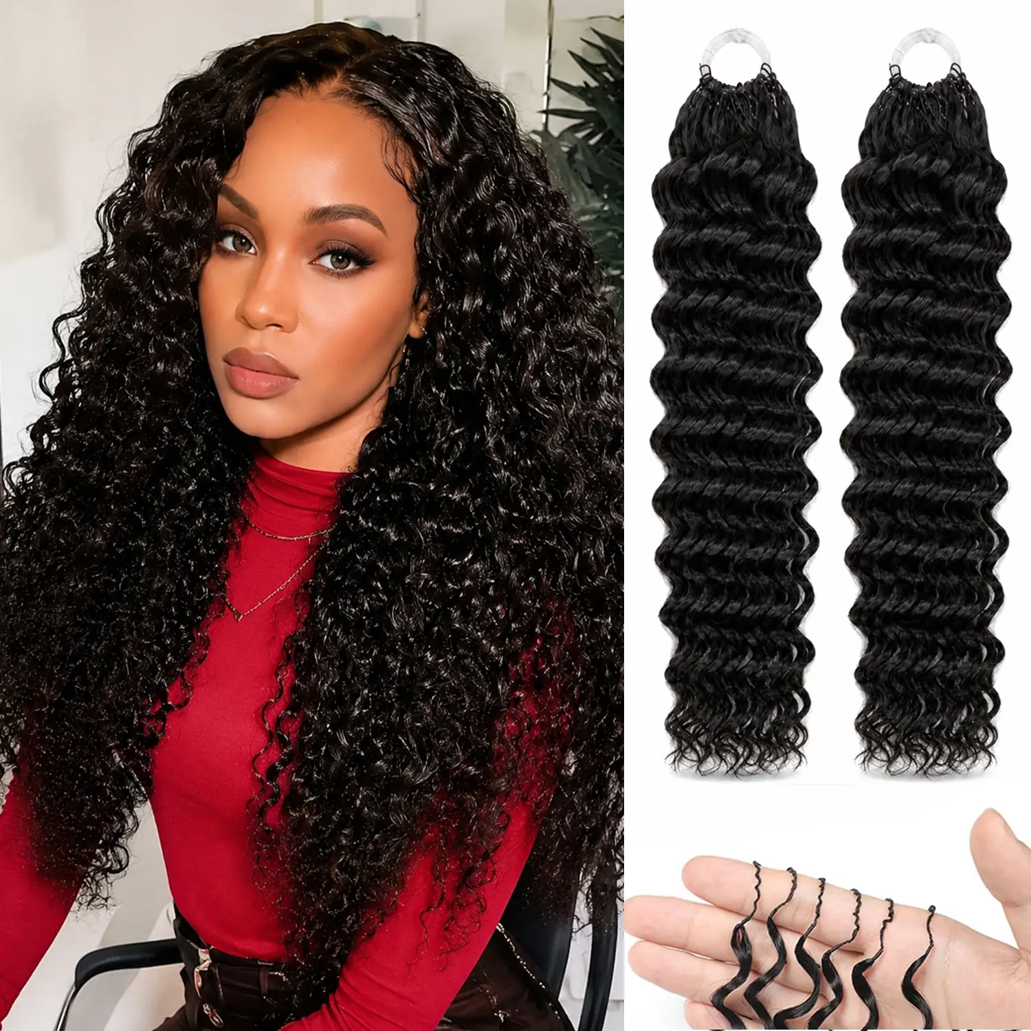 Datanala Feather Crochet Human Hair Extensions, 18 Inch Deep Wave for Bohemian Curls and Boho Braids, Pre-Separated & Lightweight, 1B Color, 40 Strands, 60g, Crochet Human Hairstyles