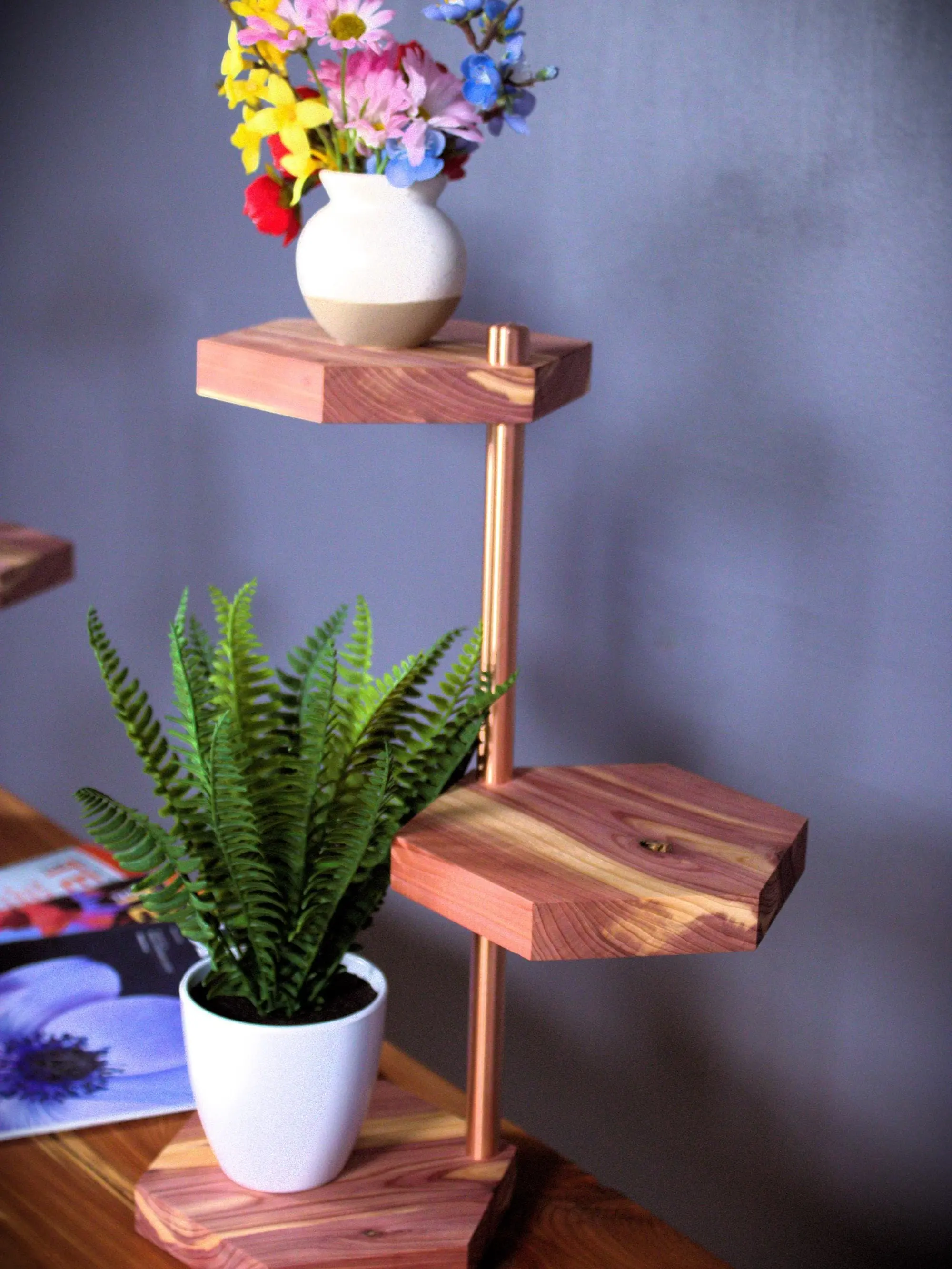 Three-Tier Cedar Plant Stand I Garden Shelf I Multi-Level Plant Display I Copper Pipe Spine Plant Stand I Vertical Succulent Plant Stand