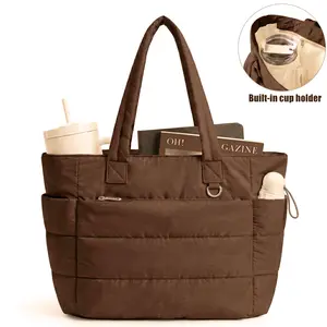 Five Season Home 20L Puffy Quilted Tote Bag for Women, Lightweight Bubble Nylon Laptop Shoulder Bag with Multiple Compartments for Work, Travel, and College