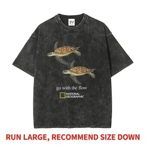 Go With The Flow Sea Turtle Ocean Nature Lover Aesthetic Heavyweight Boxy Fit T-Shirt Vintage Washed Oversized Pure Cotton Graphic Tee DTG Printed