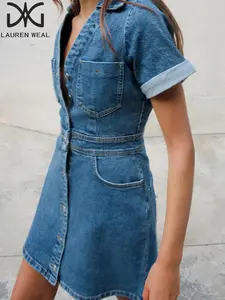Women's Solid Color Buckle Denim Dresses, Casual Short Sleeve Collared Romper for Summer, Fashion Women's Clothes for Daily Wear