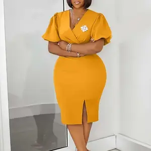 Summer Autumn Clothes 2025 Women's lantern sleeves V-Neck Dress Pencil Skirt Waist Tunle Material Fashionable Casual