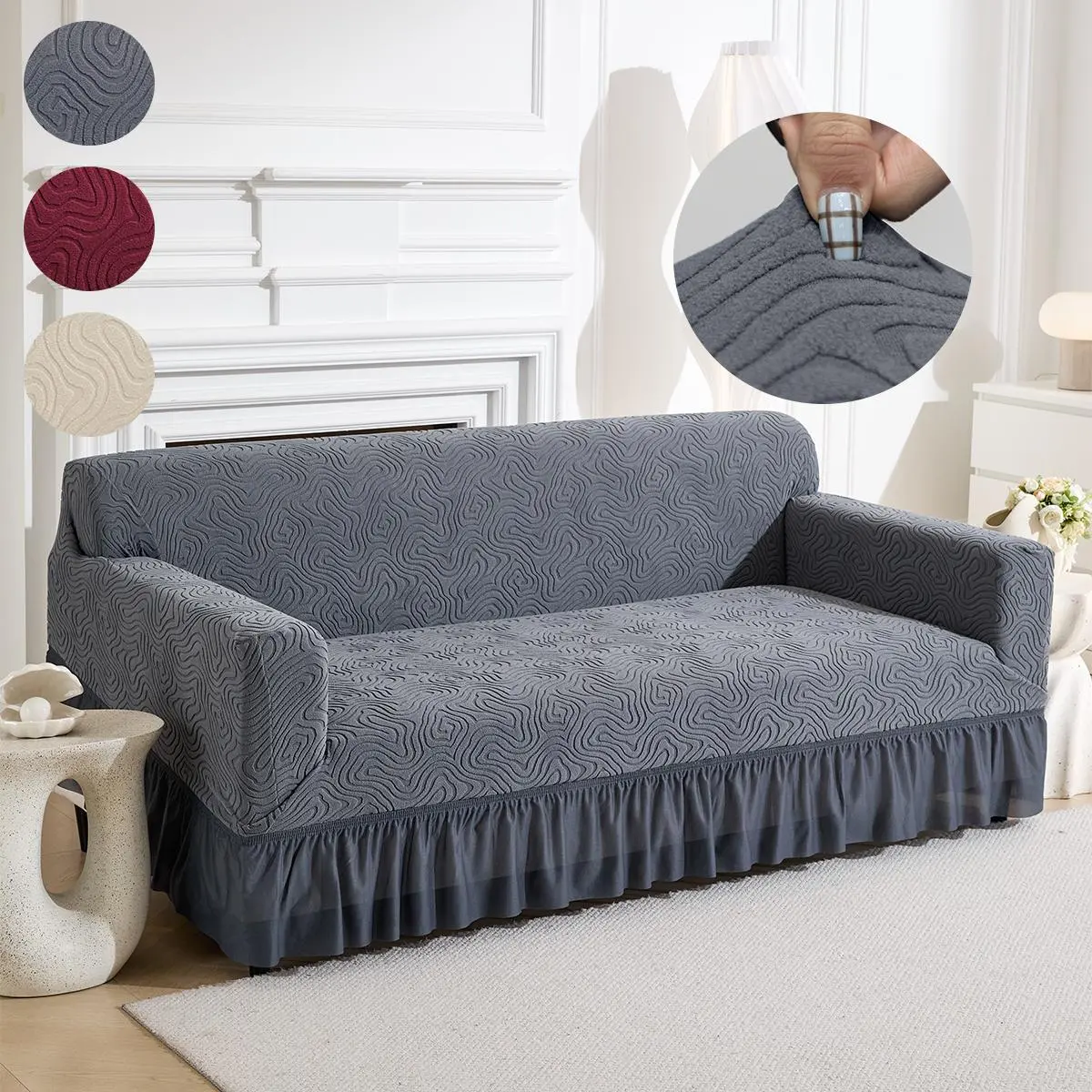 Solid Color Jacquard Sofa Cover with Skirt, Elastic Sofa Slipcover, Stretchable Sofa Cover, Dustproof Sofa Slipcover, Soft Comfortable Sofa Protector, Fashionable Living Room Home Decoration, Easy to Care, Jacquard Couch Covers