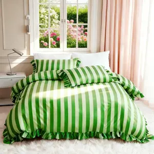 Romantic Ruffle Bedding Set, Striped Pattern 5-Piece Set, Silk Pillowcases Included, Soft Comfortable Furniture, Perfect Gift, Soft Bedding Sets