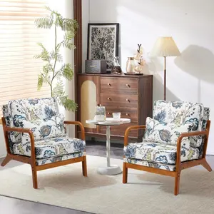 Solid Rubber Wood Frame Accent Chair - Blue Floral Mid-Century Modern Lounge Chair, Soft Waist Cushion Ergonomic Seat for Living Room, Bedroom & Reading