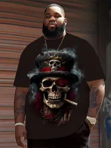 Men's Plus Size Menswear T-Shirt, Fitted, Casual, Dark Skull Gentleman Print, Soft Breathable Fabric, All Seasons Comfort, Fashion New Trend Streetwear Top, Casual Tee Tops