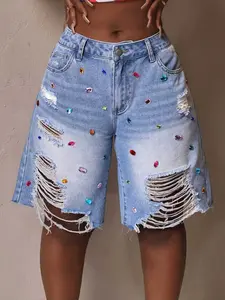 American High Street Colorful Hand-Stitched Rhinestone Loose Fit Big Hole Denim Five-Quarter Pants, Stylish and Comfortable Jeans Shorts