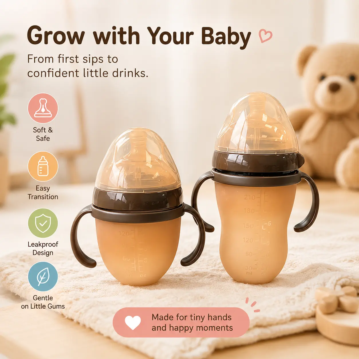 HOTMIR 5/8oz silicone tape handle baby bottle wide caliber dual capacity drop resistant baby feeding bottle, mother and baby newborn gift bottle
