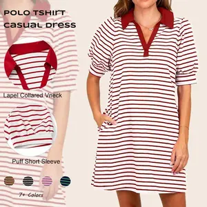 Imily Bela Women's Summer Lapel Collared V Neck Striped Dress Casual Puff Short Sleeve Polo Tshirt Dresses with Pockets