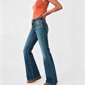 Straight Leg Jeans for Women Stretch Mid Rise Bootcut Denim Pants Lightweight Casual Vintage Wash Jeans with Pockets