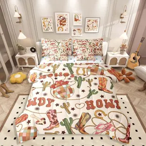 7 Pieces Western Bedding Set for Kids Girls Boys Teens (Beige) | Cowboy Cowgirl Boots Comforter Set with Sheets Vintage Disco Ball Quilt Set,Cute Mushroom Cactus Bed in A Bag