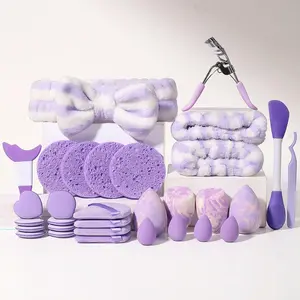Makeup Set, 31pcs/set Cosmetic Sponges & Puff & Sponge & Headband & Cleansing Puff & Eyelash Curler & Mask Brush & Eyebrow Template & Tweezers & Wrist Strap