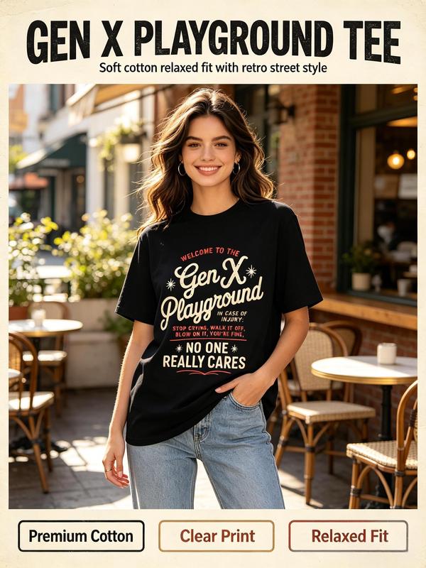 Women's 100% Premium Cotton Fitted Short Sleeve Crew Neck Graphic Print T-Shirt - Breathable Gen X Theme Casual Top, Sohochic