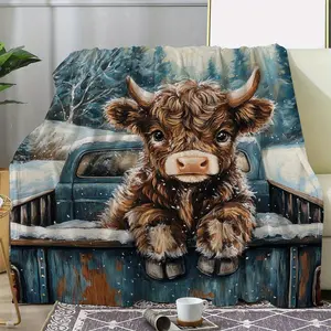 Cozy Flannel Cow Print Blankets - Adorable Highland Cow, Vintage Truck Design, Soft All-Season Throw for Bed, Sofa
