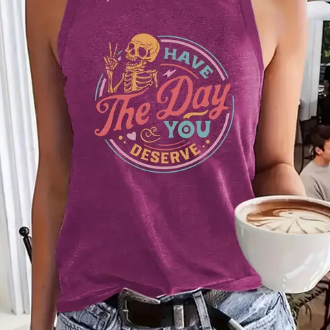 Women's Halloween Print Tank Top, Casual Round Neck Sleeveless Summer Vest, Fitted Long Clothing, Holiday Style Unlined Top
