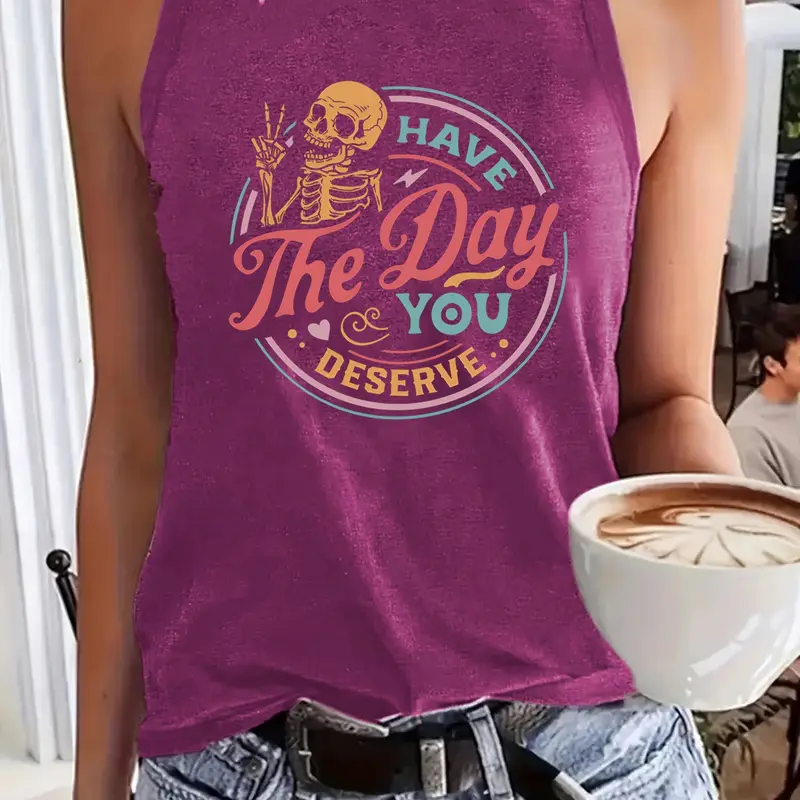 Women's Halloween Print Tank Top, Casual Round Neck Sleeveless Summer Vest, Fitted Long Clothing, Holiday Style Unlined Top