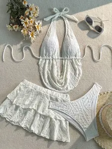 Women's Summer Ruched Textured Halter Bikini Set, Sleeveless Triangle Top, Fitted Plain Design, Sexy Vacation Beachwear, Ruched Bikini Bottoms