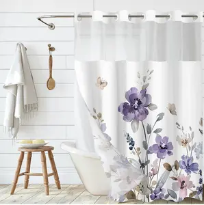 White Floral Shower Curtain with Watercolor Flowers Hookless Waterproof Removable Liner 72x75 Bathroom Decor for Modern Bathrooms