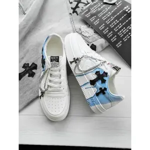 Men’s sneakers with cross decoration, chain detail, unique design—streetwear for everyday wear; fashionable, eye-catching shoes