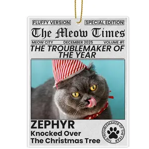 Personalized The Meow Times Acrylic Ornament, Custom Cat Photo Newspaper Theme Christmas Keepsake Holiday Decor