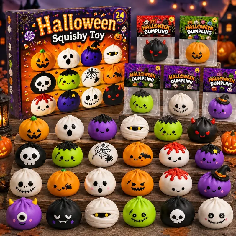 Halloween Gift 24 PCS Halloween Mochi Squishy Toys for Adult,Individually with Gift Cards Bulk Squeeze Fidget Toy,Halloween Party Favors Classroom Prizes, Goodie Bag Stuffers,Non Candy Treats Gifts