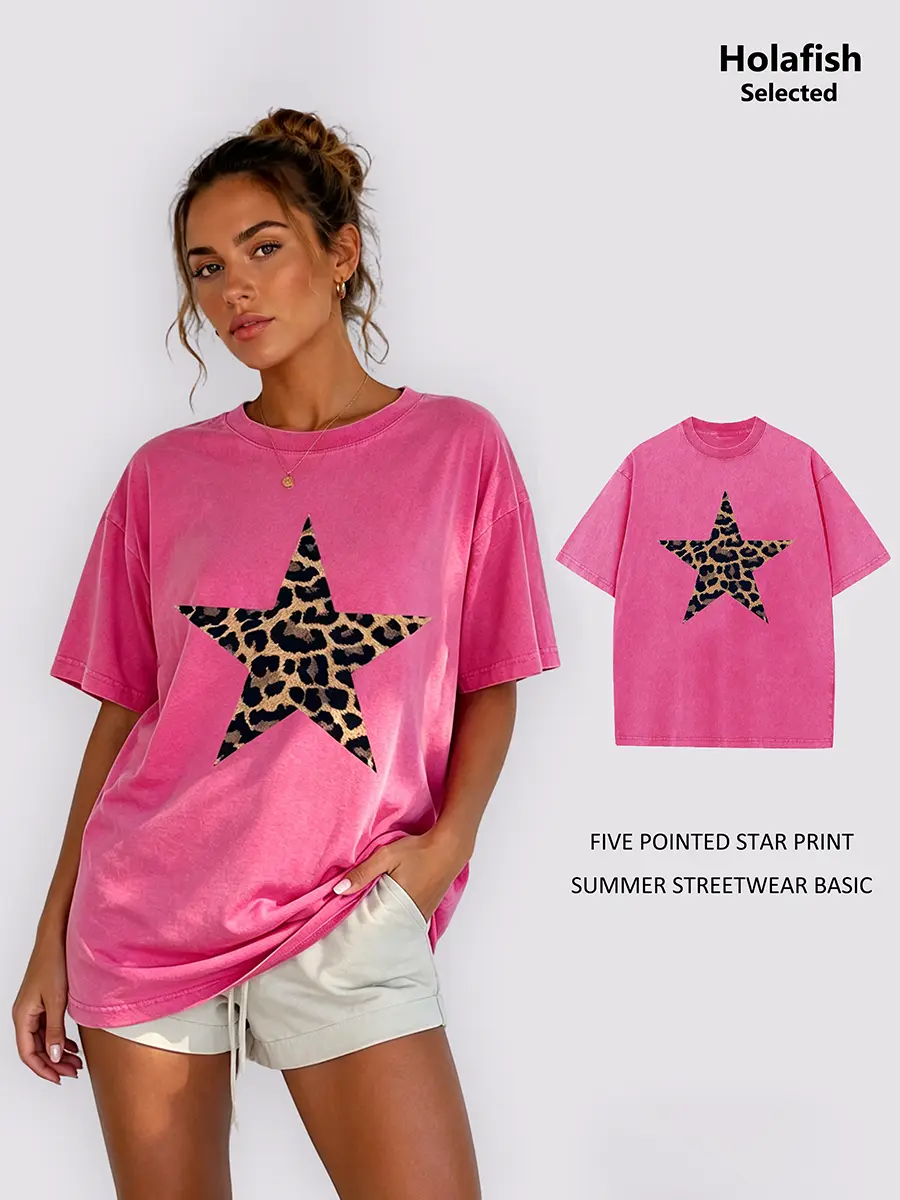 Holafish Women's Acid Wash Short Sleeve Shirt, Star Print Graphic, Soft Breathable Cotton, Plus Size Casual Summer Tee Great for Everyday Wear and Bold Style summervibes