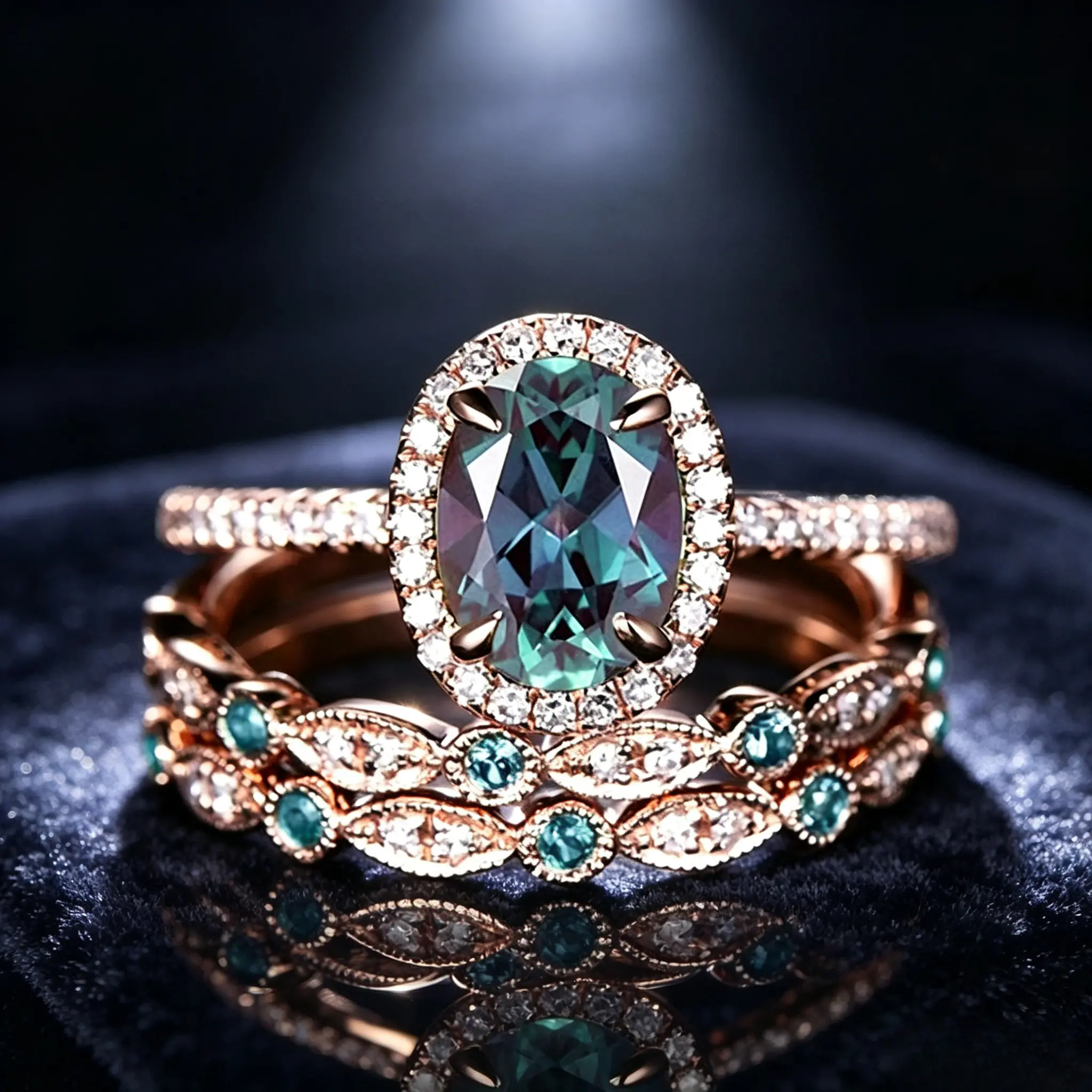 Women's 2-Piece Stackable Oval Halo Gem Set Rings - Color Shifting Crystal, Teal Crystal, Rose Gold Paved Rhinestone, Anti-Tarnish Vintage Boho, Skin Friendly, Wedding Engagement, Vintage Leaf Inlaid Matching Hollow Band, Diamond Alternative Birthday Gift