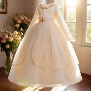 272 Flower Girl Wedding  Long Dress For Kids Elegant Puffy Birthday Party Dress