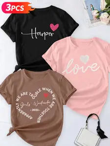 Women's 3-Pack Casual Fitted Short Sleeve Crew Neck Round Neck T-Shirt, Womenswear, Retro Vinyl Record/Colorful Tape/Rock Guitar Music Print Set, Multiple Colors, Machine Washable, Spring & Summer Top, Soft Skin-Friendly Fabric, Daily Wear, Fashion Design