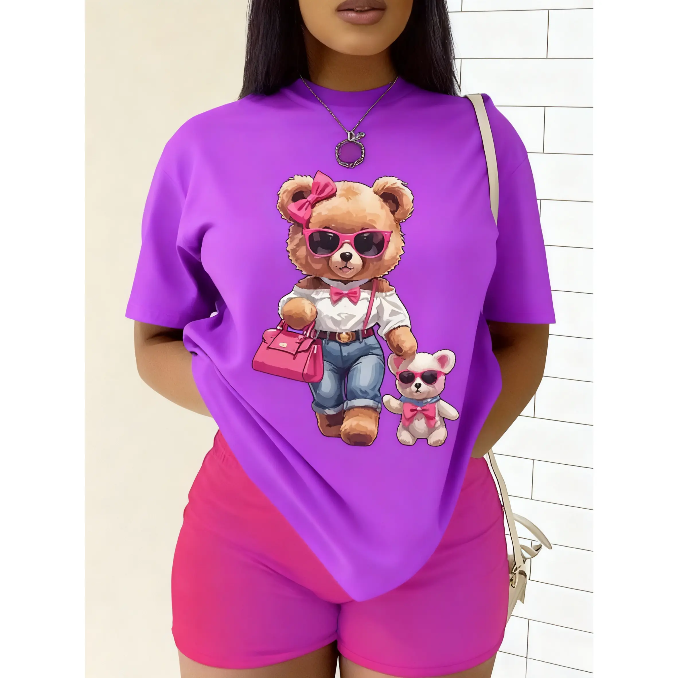Women's 100% Cotton Preppy Teddy Bear Graphic Crew Neck Casual Short-Sleeve Tee - Classic Fit, Seamless Sides, Smooth Fabric, Asymmetrical Detail, Halloween & Easter Ready, True Size, All-Season, Do Not Dry Clean