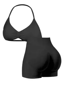 Summer Vibe Seamless High Stretch Yoga Set, Halter Neck Sports Bra & High Waist Butt Lifter Leggings, Summer 2-Piece Workout Outfit for Running Fitness