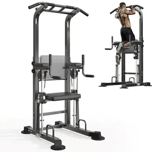 Adjustable Power Tower Pull Up Dip Station for Home Gym, Multi-Function Free Standing Pull Up Bar Station with Assisted Pad, Full Body Strength Training Fitness Workout Equipment, Adjustable Height 70.9"-85"