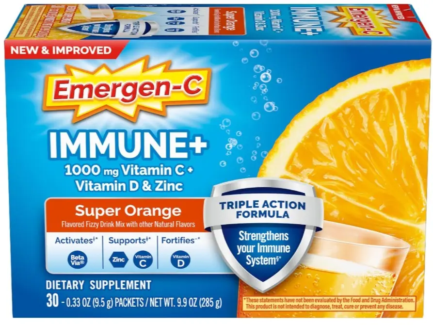 Emergen-C Immune+ Triple Action Immune Support Powder, BetaVia (R), 1000mg Vitamin C, B Vitamins, Vitamin D and Antioxidants, Super Orange – 30 Count