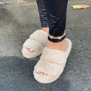 Nicole- Fluffy Double Strap Slide Sandals Faux Fur Cozy Slip on