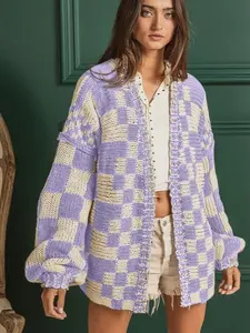 Wyatt Checkered Knit Cardigan-Lavender
