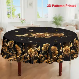 1pc, Spring Summer Themed Party Tablecloth, Butterfly Rose Floral Printed Design, Rectangular/Round/Oval Table Cloth, Embossed Edge, Kitchen Dining Outdoor Picnics Dinner Decor Ideal