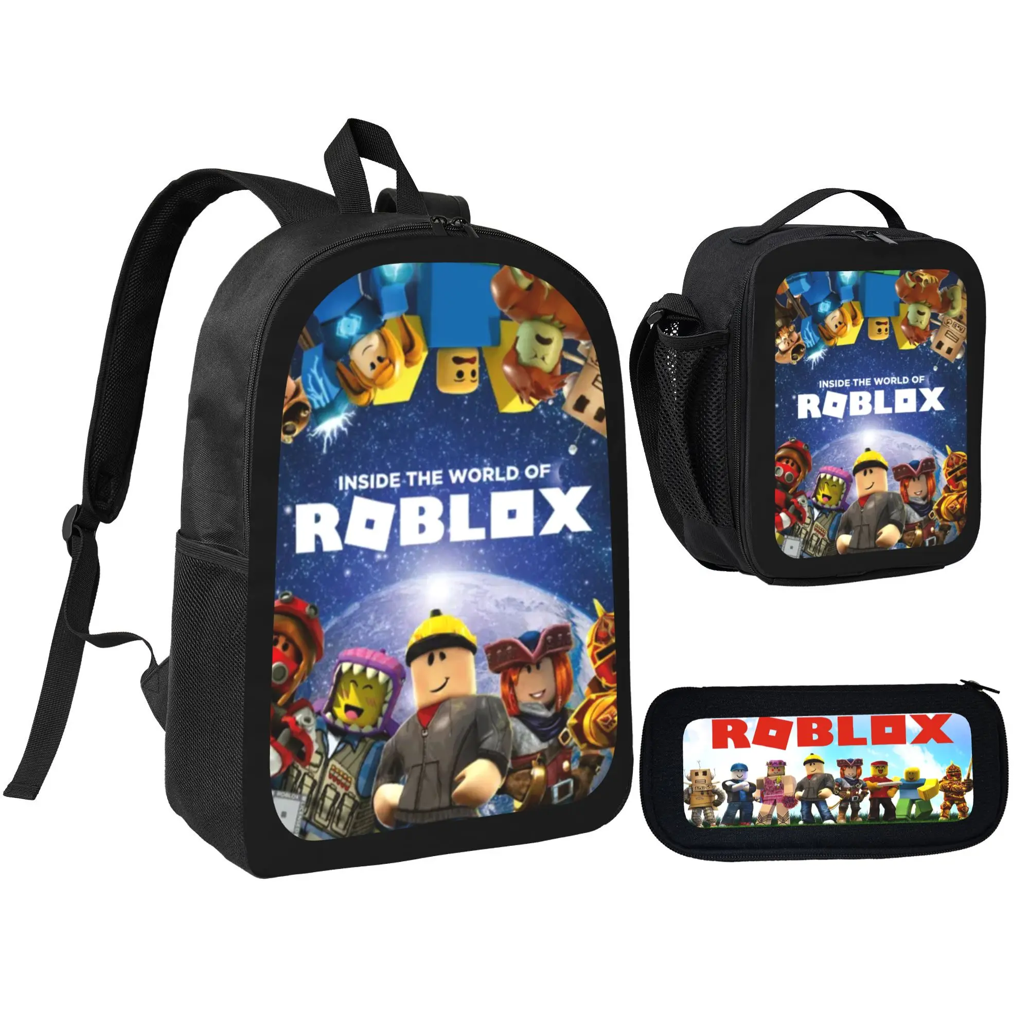 Kids' 3-Pieces Roblox Gaming Theme Pattern Backpack Set - Sports School Bag with Lunch Bag, Pencil Case, Adjustable Straps, Padded Shoulders, Lightweight for Outdoor Daily Use, Polyester